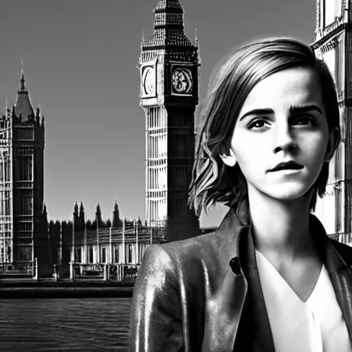 Prompt: Photograph of Emma Watson standing in front of Big Ben. Extremely detailed. Cinematic. 4K. Award winning photography.