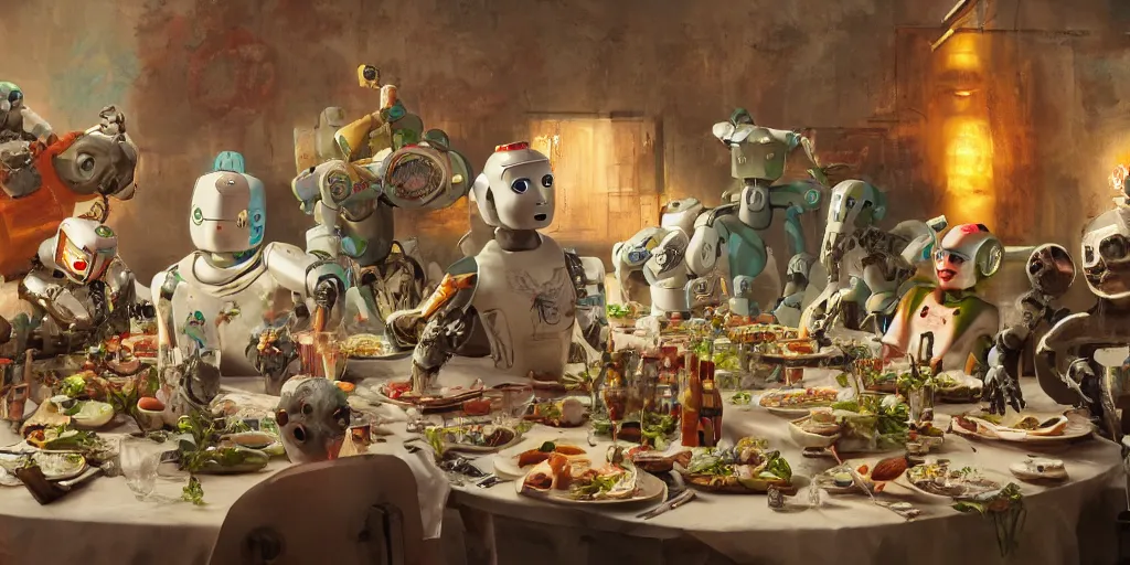 Image similar to a table dinner of robots where robots are dressed like the characters from the midsommar movie, cinematic, hyperdetailed, octane render, trending on art station, ultrarealistic