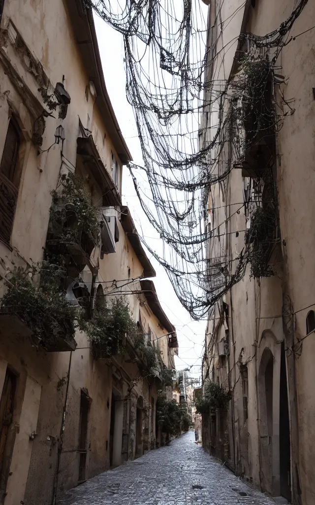 Image similar to an alley in an old italian city owergrown by futuristic organic architectural structures, they look like spiderwebs but have little lights an devices here and there, people are walking underneath the structures, in the style of an architectural rendering with octance, ambient occlusion, global illumination