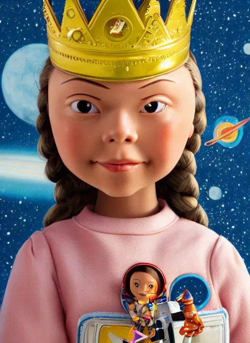 Image similar to closeup face profile portrait of tin toy greta thunberg as an astronaut princess wearing a crown eating cakes, bikini, depth of field, zeiss lens, detailed, symmetrical, centered, fashion photoshoot, by nicoletta ceccoli, mark ryden, lostfish, breathtaking, 8 k resolution, extremely detailed, beautiful, establishing shot, artistic, hyperrealistic, octane render
