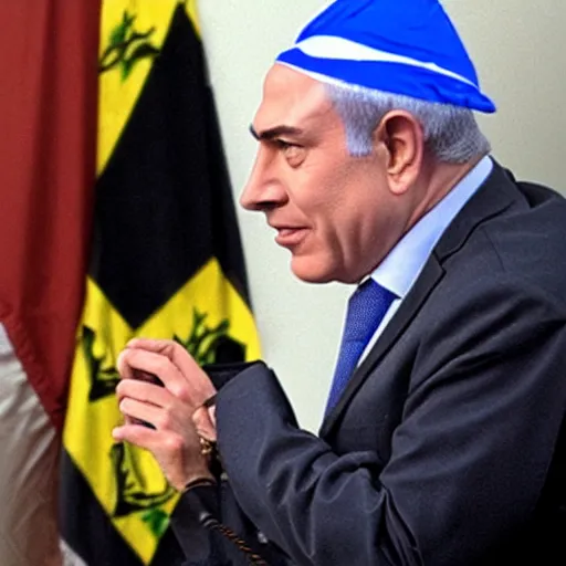 Image similar to Bibi Netanyahu dressed as a jester