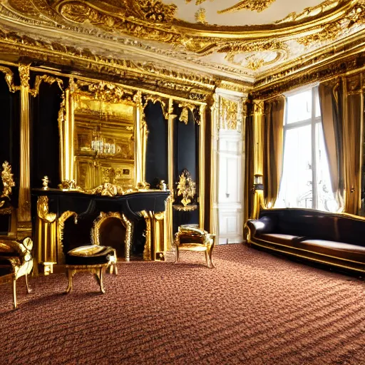 Prompt: wide angle shot of parisian interior, dark walls, gold accents, interior design, thick carpet, hyperrealistic, hyperdetailed, super detailed, uhd, uhd, 8 k, high resolution,