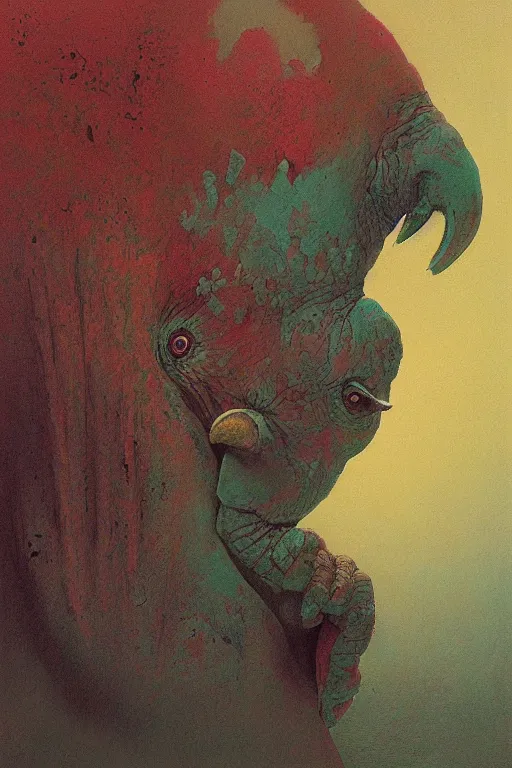 Image similar to painting of cross between parrot & rhino, intercrossed animal, by zdzislaw beksinski, by tiffany bozic, warm tone gradient background, concept art, beautiful composition, digital painting,