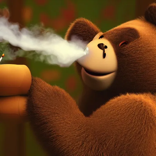 Image similar to a bear smoking a joint, pixar style, 4 k