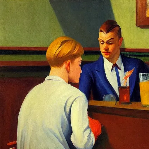 Prompt: a detailed painting, blonde man at a bar alone, edward hopper,