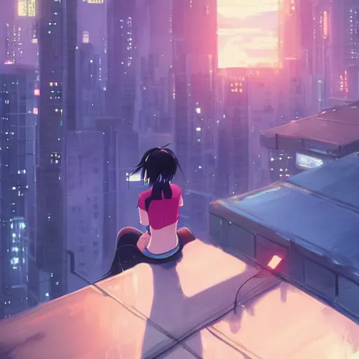 Image similar to beautiful anime painting of a woman with dark - blue hair sitting on a rooftop in a cyberpunk city, nighttime, by makoto shinkai, kimi no na wa, artstation, atmospheric, high detail