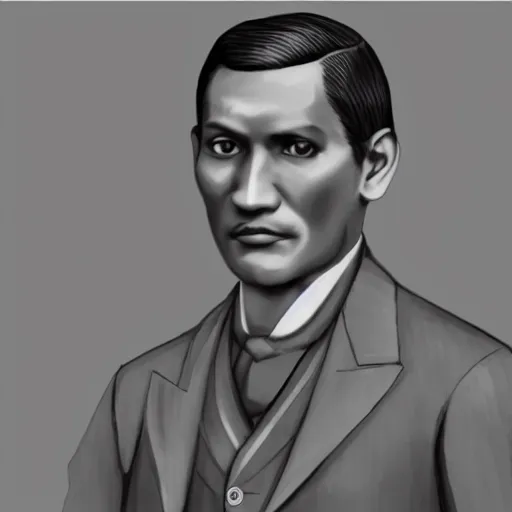 Prompt: Jose Rizal wearing suit and tie in the style of the Grand Theft Auto loading screen