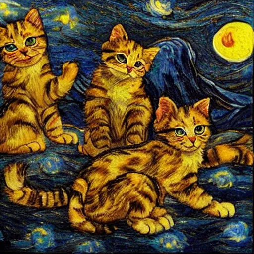 Image similar to kittens van goh style staring at moon in van goh a starry night