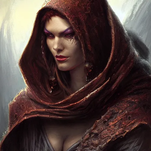 Image similar to portrait, mysterious rogue wearing a cloak, covered face, rpg game, stern expression, main character, detailed, digital painting, artstation, sharp focus, illustration, artgerm, tomasz alen kopera, peter mohrbacher, donato giancola, joseph christian leyendecker, wlop, frank frazetta