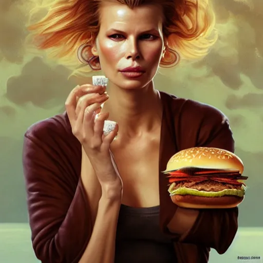 Prompt: portrait of kim basinger eating hamburgers, extra onions and ketchup, luscious patty with sesame seeds, feminine ethereal, handsome, d & d, fantasy, intricate, elegant, highly detailed, digital painting, artstation, concept art, matte, sharp focus, illustration, art by artgerm and greg rutkowski and alphonse mucha