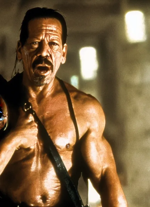 Image similar to film still of Danny Trejo as John McClane in Die Hard, 4k