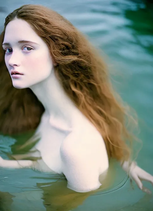 Image similar to Kodak Portra 400, 8K, soft light, volumetric lighting, highly detailed, britt marling style 3/4, portrait photography of a beautiful woman how pre-Raphaelites, half face in the water, ,a beautiful lace dress and hair are intricate with highly detailed realistic beautiful flowers , Realistic, Refined, Highly Detailed, natural outdoor soft pastel lighting colors scheme, outdoor fine art photography, Hyper realistic, photo realistic