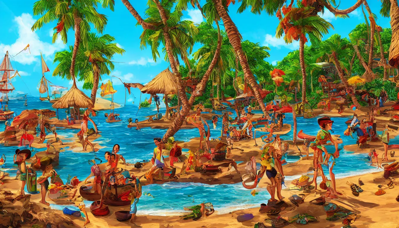 Prompt: a tropical beach scene, The curse of monkey island, high detail, colorful