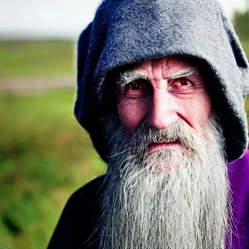 Image similar to an old bald druid wizard with bushy grey eyebrows, long grey hair and wearing a grey wizard hat, disheveled, wise old man, wearing a purple detailed coat, a bushy grey beard, sorcerer, he is a mad old man