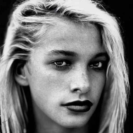 Prompt: black and white vogue closeup portrait by herb ritts of a beautiful female model, poor, high contrast