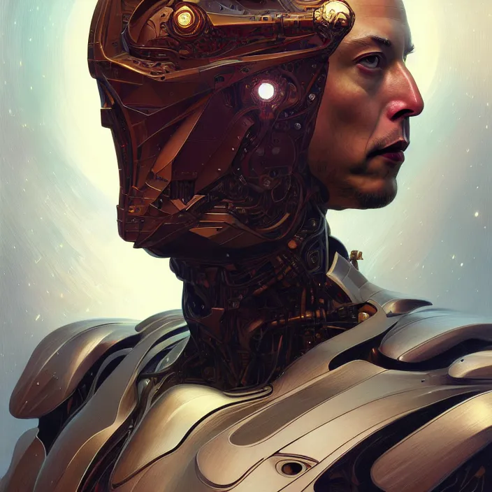 Image similar to portrait of Elon Musk organic cyborg, diffuse lighting, fantasy, intricate, elegant, highly detailed, lifelike, photorealistic, digital painting, artstation, illustration, concept art, smooth, sharp focus, art by John Collier and Albert Aublet and Krenz Cushart and Artem Demura and Alphonse Mucha