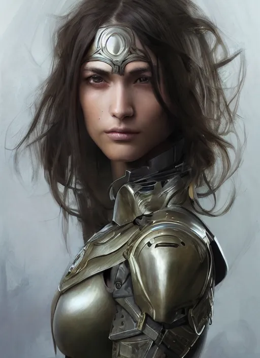 Image similar to a professional painting of a beautiful young female, clothed in military armor, olive skin, long dark hair, beautiful bone structure, symmetrical facial features, intricate, elegant, digital painting, concept art, smooth, sharp focus, illustration, from Metal Gear, by Ruan Jia and Mandy Jurgens and Artgerm and William-Adolphe Bouguerea