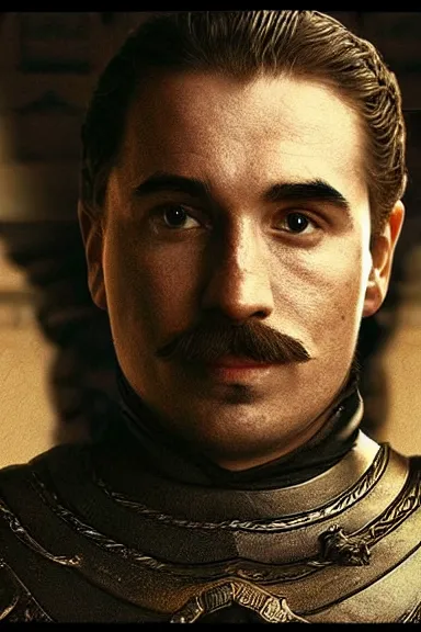 Image similar to “ very intricate photorealistic photo of a realistic human version of super mario in an episode of game of thrones, photo is in focus with detailed atmospheric lighting, award - winning details ”