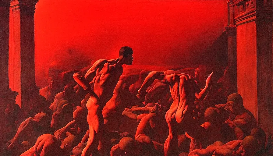 Image similar to only with red, a red gladiator in a crowded roman amphitheatre, crowd cheers him, in the style of beksinski, parts by edward hopper, parts by rodcenko, parts by yue minjun, intricate and epic composition, red by caravaggio, insane quality, highly detailed, masterpiece, red light, artstation