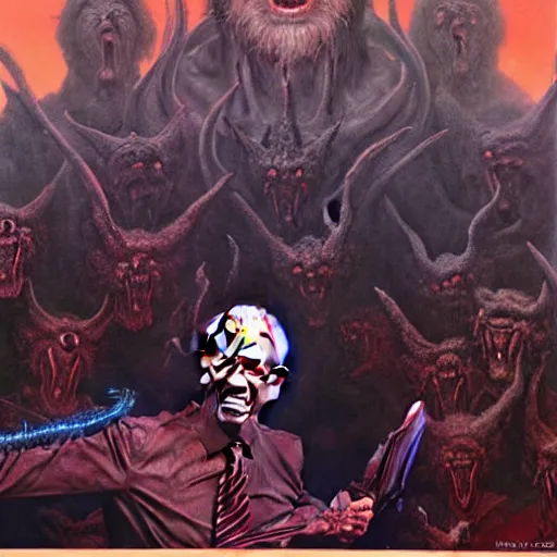 Image similar to epic Joe Biden in pandemonium, demons and souls, portrait, art by Wayne Barlowe, oil on canvas