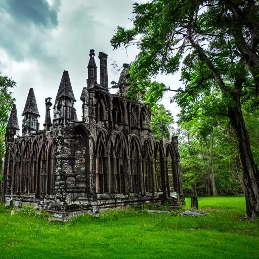 Prompt: ancient building with gothic structure in forest