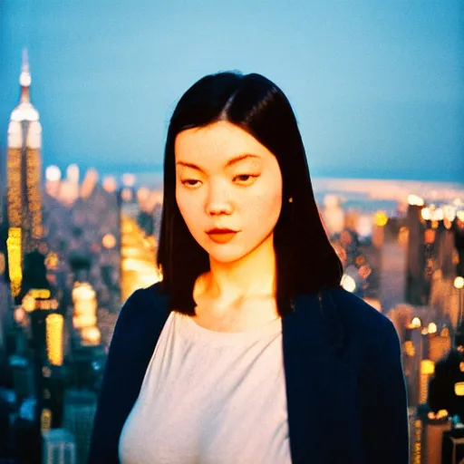 Prompt: analog portrait photography of a beautiful woman on the empire state building. cinestill 8 0 0. bokeh. detailed. hq. blue hour. f / 1. 2, symmetrical balance, in - frame