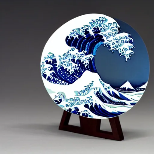 Prompt: a white and blue sculpture of The Great Wave off Kanagawa on a table