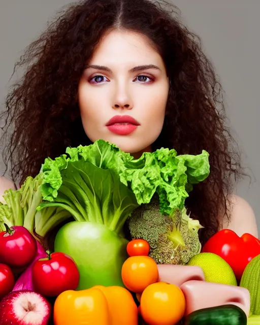 Prompt: a photograph of an attractive female model with a symmetrical face surrounded by photorealistic fruits and vegetables, vivid colors, soft lighting, atmospheric, cinematic 8 k