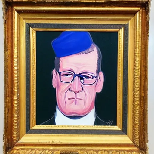 Image similar to painting of a portrait ofVictorian Era president Hank Hill drinking a Pabst Blue Ribbon beer, realistic