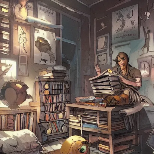 Image similar to detailed room in the sewer lair The room is a clean and delicate room ,over the bed there is a sword rack ,everything is neat ,stack of comics on the floor,soft,light,bright,epic,awesome,digital art, by Simon beak and Greg rutkowski and rossdraws