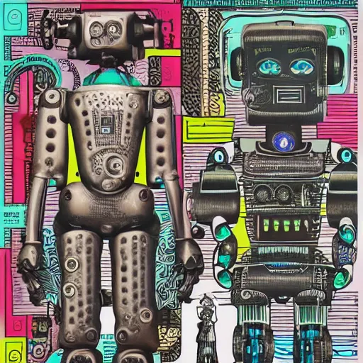 Prompt: a diagram of a robot body with various parts, cyberpunk art by eduardo paolozzi, behance contest winner, computer art, greeble, steampunk, poster art, james turrell, post it note art, optical illusion art, joseph stella, andy warhol, venus of willendorf, vintage robot, robot illustration