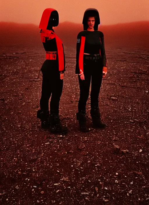 Image similar to cinestill 5 0 d photographic portrait of two loving female androids wearing rugged black techwear on a desolate plain with a red sky, extreme closeup, lizard on ground, cyberpunk style, in front of a brutalist dark metal facility, dust storm, 3 5 mm, 8 k, f / 3 2, high resolution, ultra realistic faces