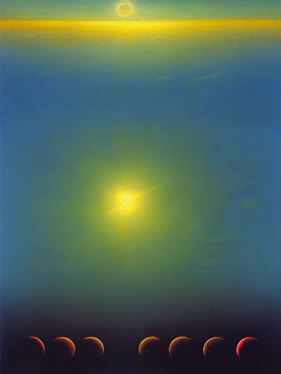 Image similar to A view of the sky from the ground. The sky shows many suns in eclipse, lined up to the horizon. Extremely high details, realistic, fantasy art, solo, masterpiece, saturated colors, colorful, art by Zdzisław Beksiński, Dariusz Zawadzki