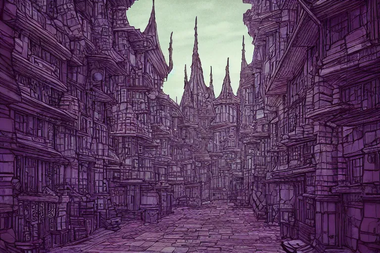 Image similar to one point perspective elf city street, in the style of Greg Broadmore and Arthur Rackham,trending on artstation, light lighting side view,digital art,surrealism ,macro,blueprint ,vaporwave ,