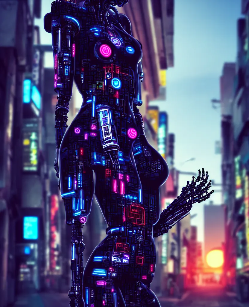 Image similar to a photo close up cyberpunk half robot half girl stands in a cyberpunk hiroshima, prefecture streets, sunset, photorealistic, cinematic lighting, very detailed, style by tomino - sama