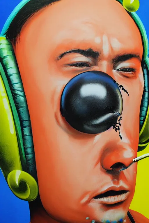 Image similar to hyperrealism surrealism acrylic painting, aerosol splashes on paper, close - up portrait of bowling ball - man with big headphones and a mime sweater art by jeff soto