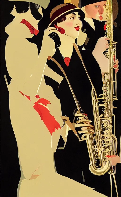 Image similar to a painting depicting Jazz Age high society people, 1920s style, smooth, highly detailed, high contrast, Coles Phillips, Dean Cornwell, JC Leyendecker, 8K