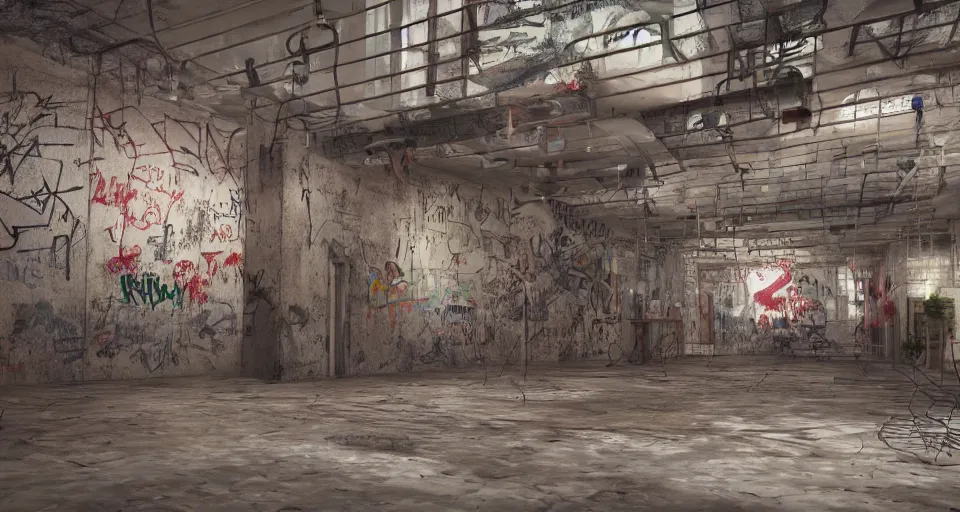 Prompt: photo realistic!! a rundown mall interior with hanging wire and graffiti, very detailed, slightly smokey, unreal engine