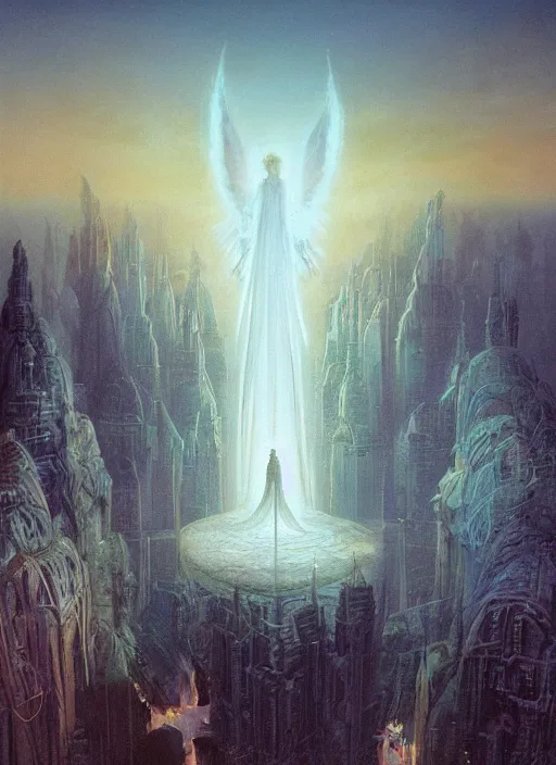 Image similar to giant white glowing angel rising above foggy city by wayne barlowe, wes anderson, roger dean, mikalojus konstantinas ciurlionis and wadim kashin, rich moody colours, 90-s anime, ethereal, lo-fi retro videogame