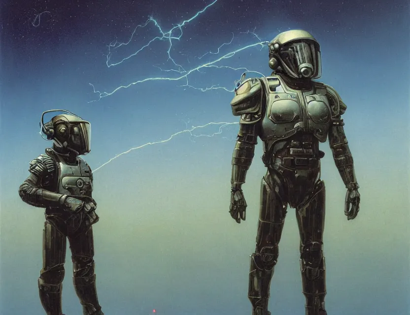 Image similar to a detailed portrait painting of a lone bounty hunter wearing combat armour and a reflective visor. Head and chest only. Movie scene, cinematic sci-fi scene. Flight suit, cloth and metal, accurate anatomy. portrait symmetrical and science fiction theme with lightning, aurora lighting. clouds and stars. Futurism by beksinski carl spitzweg moebius and tuomas korpi. baroque elements. baroque element. intricate artwork by caravaggio. Oil painting. Trending on artstation. 8k