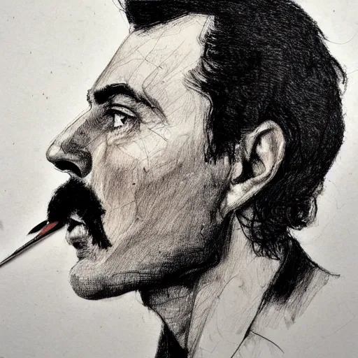 Image similar to a realistic yet scraggly portrait sketch of the side profile of a stern and sophisticated freddie mercury, trending on artstation, intricate details, in the style of frank auerbach, in the style of sergio aragones, in the style of martin ansin, in the style of david aja, in the style of mattias adolfsson