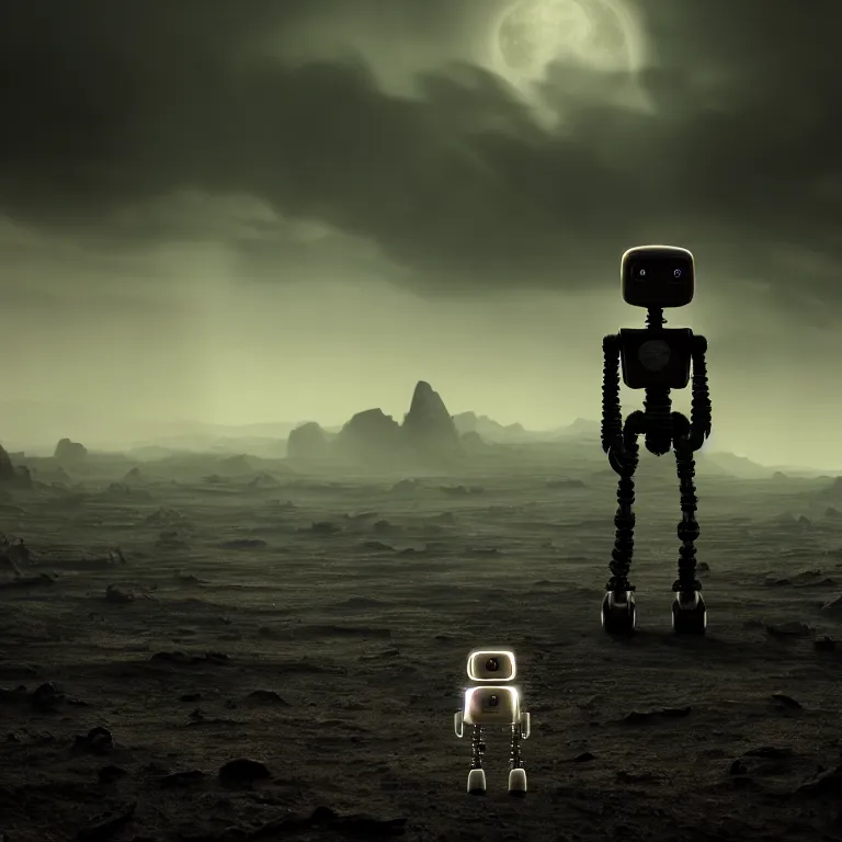 Image similar to surreal of a lonely robot wandering in the wasteland on exoplanet, dark clouds, dark washed colors tint, dream-like heavy atmosphere, baroque painting, beautiful detailed intricate insanely detailed octane render trending on Artstation, 8K artistic photography, photorealistic, dramatic volumetric cinematic perfect light, chiaroscuro, award-winning photograph, masterpiece, Raphael, Caravaggio, Beksinski, Giger