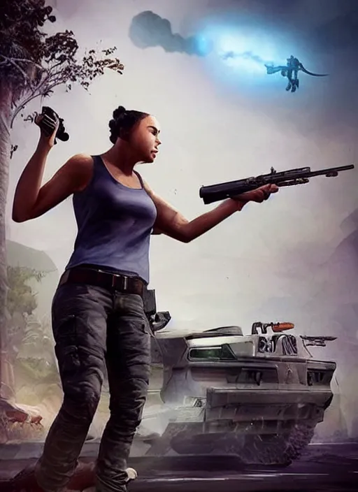 Prompt: hyper realistic t - rex gun, full body, rule of thirds, human proportion, good anatomy, beautiful face, conceptart, saturated colors, cinematic, artstation, pinterest, cgsociety, unreal engine 5, gta 5 cover