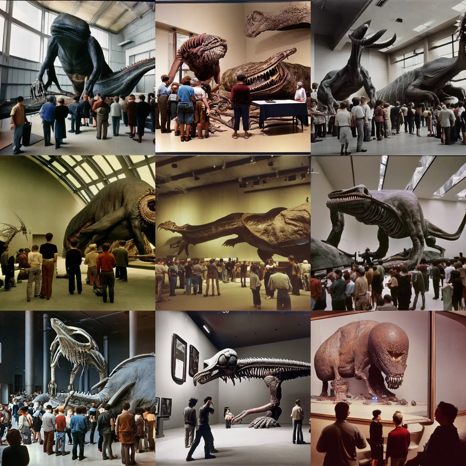 Prompt: wide - shot photo of museum visitors looking at alien giant extinct creatures by shaun tan, at the sitting couch, codachrome, 8 k, hd, highly detailed,