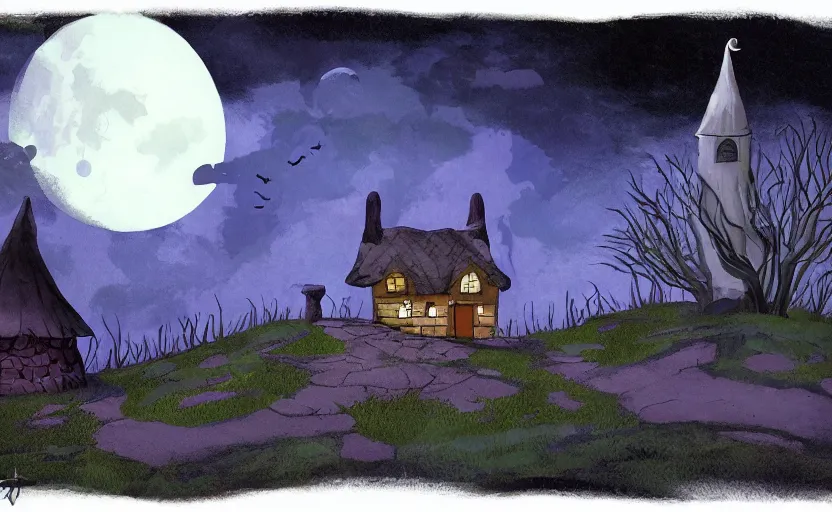 Image similar to a witch's cottage on a lonely hill against a giant moon, storybook, gouache, flat, concept art, lush