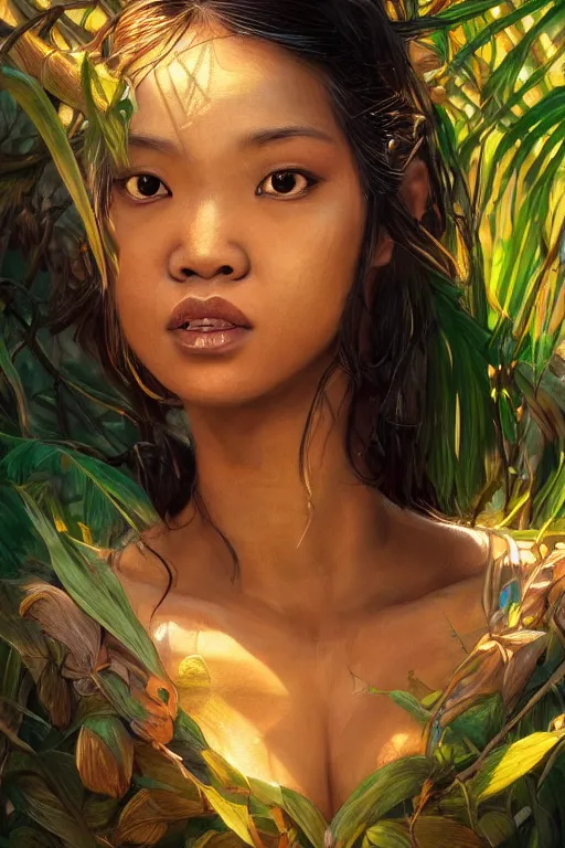 Image similar to stunningly beautiful, filipina dancer in jungle, symmetrical face, golden hour, smooth, focus, highly detailed, hyper realistic, dramatic lighting, elegant, intricate, concept art, art by wlop, mars ravelo, greg rutowski, artstation