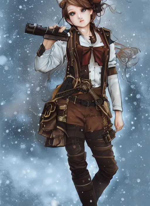 Image similar to girl with steampunk weapons and uniform, serious, intense, finely detailed, made by artgerm, ross tran, full body portrait, illustration, snow, snowing, cloudy, anime, side view, perfect anime face, realistic face, zoomed out, smooth, brown eyes, high waisted shorts
