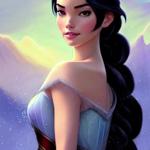 Image similar to Odette Annable with black hair as Elsa from Frozen, western, D&D, fantasy, intricate, elegant, highly detailed, digital painting, artstation, concept art, matte, sharp focus, illustration, art by Artgerm and Greg Rutkowski and Alphonse Mucha