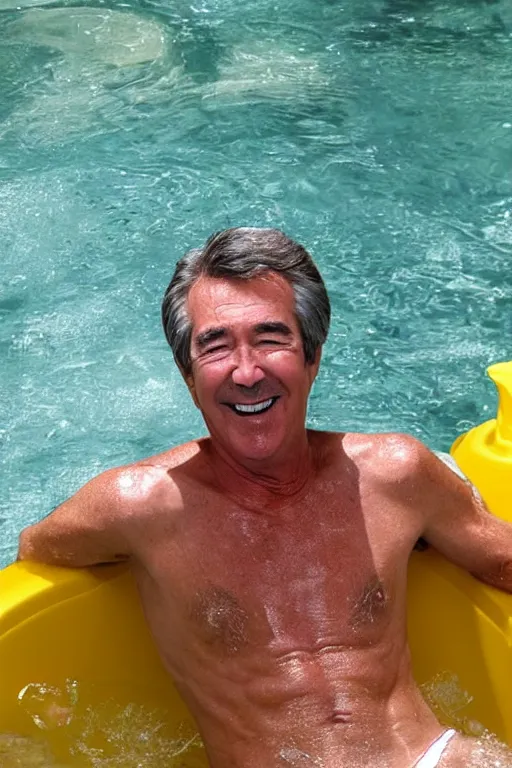 Prompt: randy mantooth laughing and sitting in a bathtub filled with clear yellow water