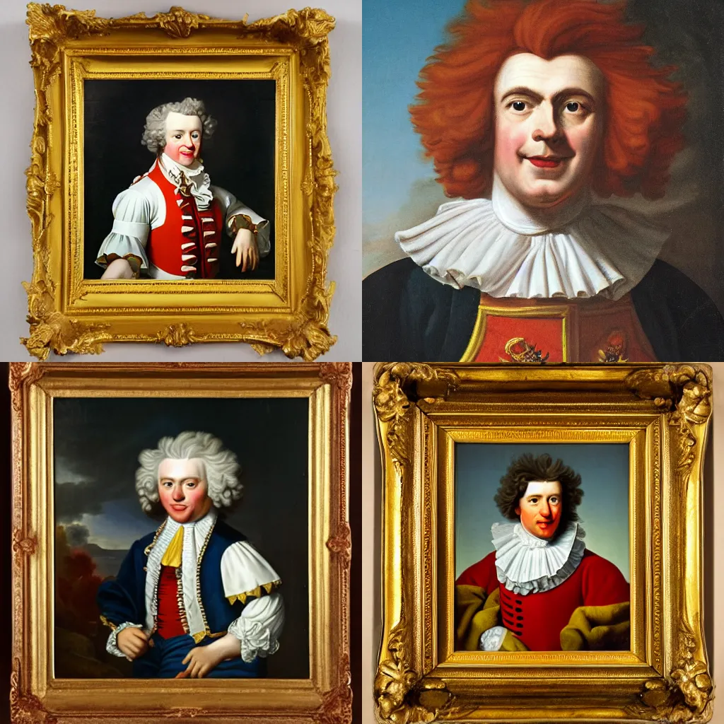 Prompt: 18th century portrait representing Ronald McDonald, with his royal attributes, monarchic iconography, royal commission, by Jacques-Louis David, Louvre museum catalog photography